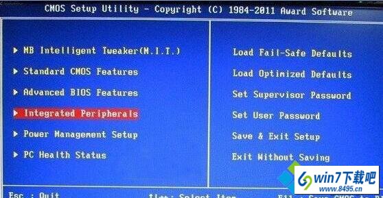 打开integrated peripherals选项 win10系统电脑开机按delete键不能进入Bios界面的图文步骤